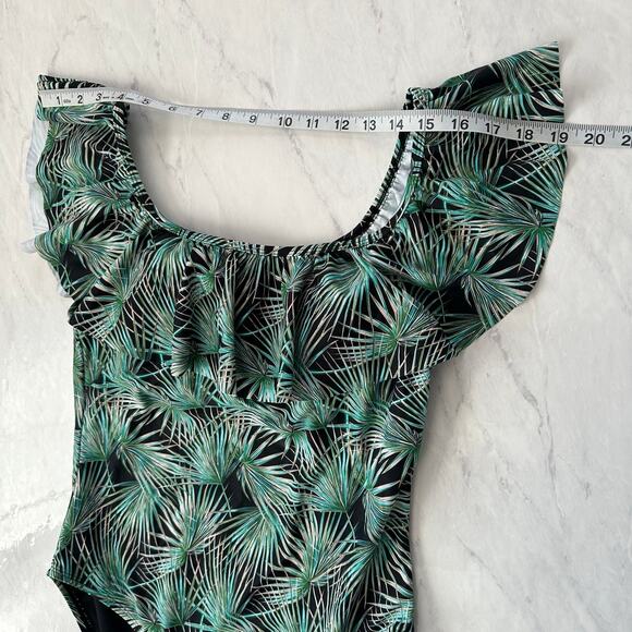 NWT Cabana del Sol swimsuit womens black one piece large tropical ruffles - Picture 4 of 11